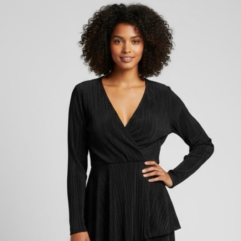 ASOS DESIGN Plisse Faux Wrap Peplum Long sleeve Top with Asymmetric hem, Black